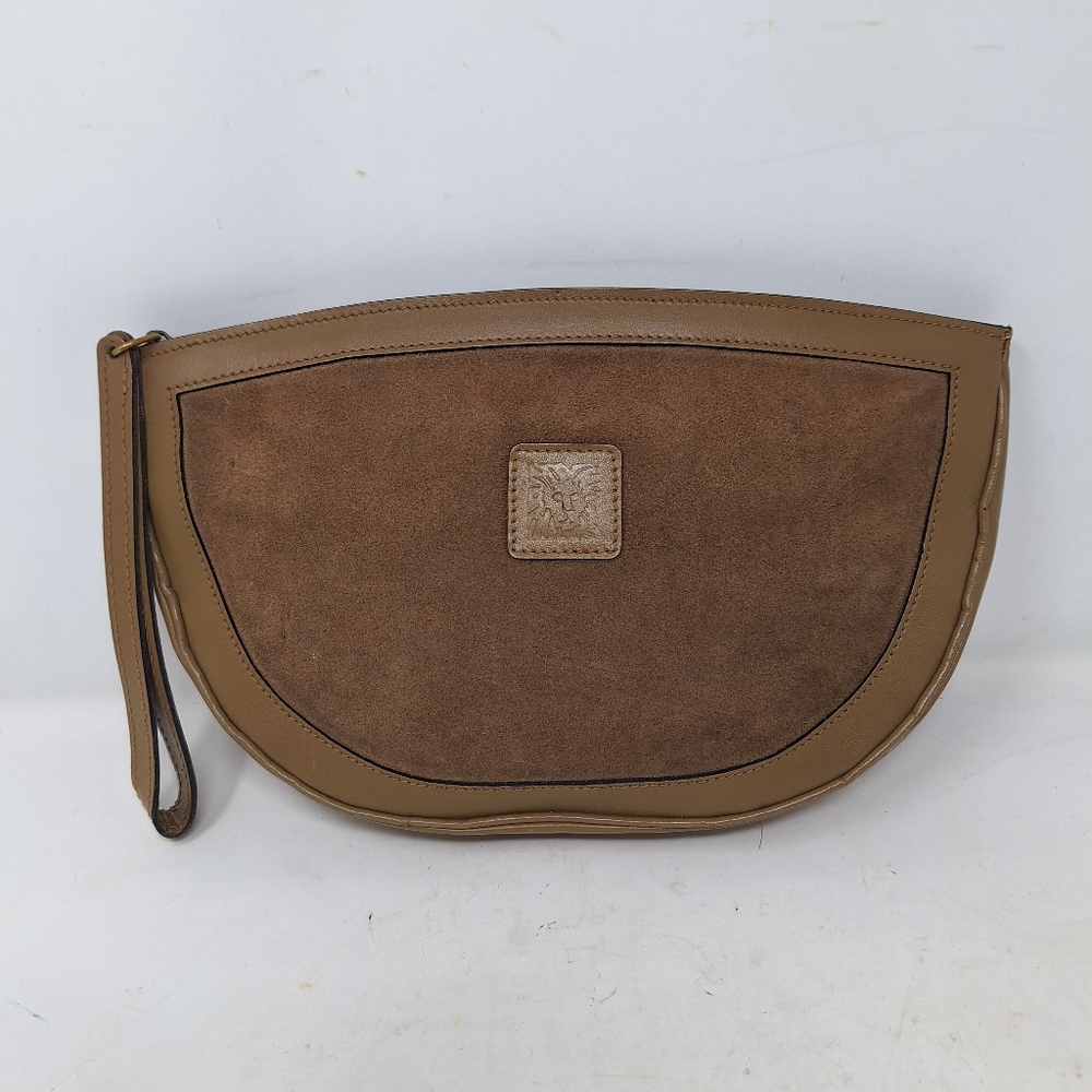 Anne Klein Brown Suede Leather Half Moon Clutch Wristlet Evening Bag Minimalist